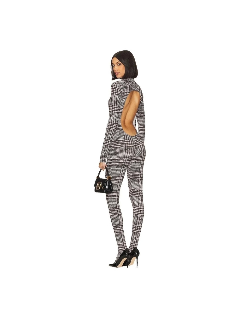 Norma Kamali Black & White Plaid Open-Back Jumpsuit